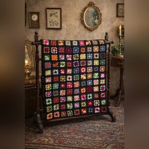 Vintage Hand-Knit Granny Square Throw Blanket | Colorful Patchwork | 66x49